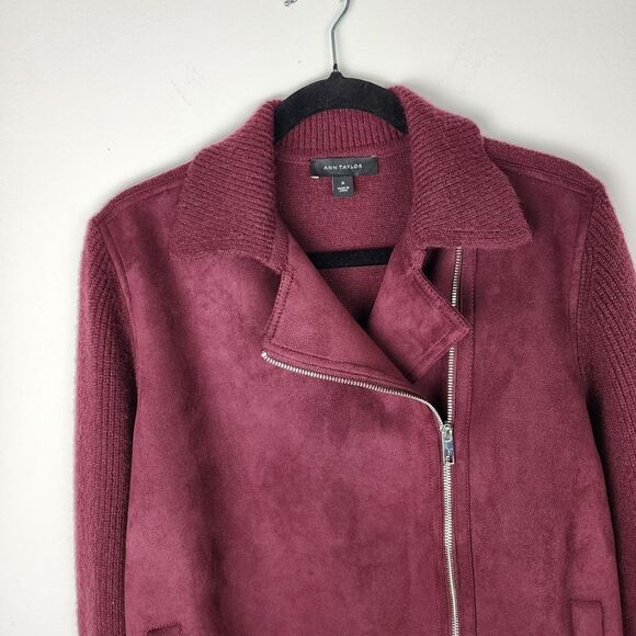 Ann Taylor Moto Jacket Faux Suede Knit Zip Sweater Burgundy Size M - Picture 13 of 14